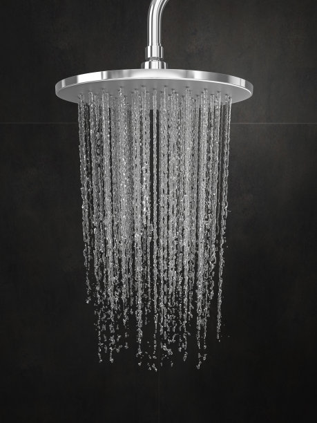 淋浴喷头的细节与现代的深色瓷砖。图片下载