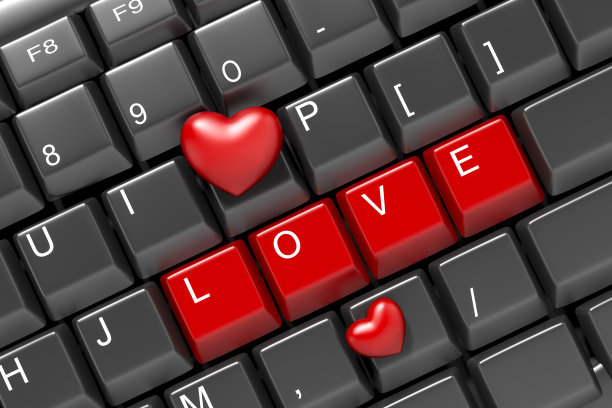黑色电脑键盘按键LOVE文字与心形符号符号3d渲染。3d插图互联网约会的爱情和情人节贺卡模板最小的概念。图片下载