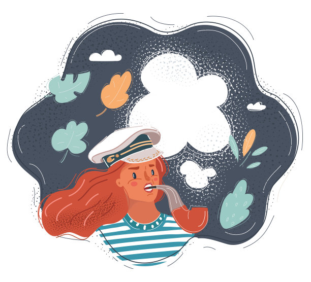 向量插图的快乐年轻有吸引力的女人穿着海军上尉制服和吸烟烟斗在黑暗的背景。图片下载