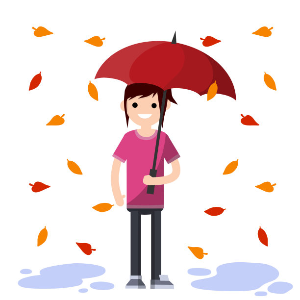 年轻女子撑着伞站在雨中。卡通平面插图。图片下载