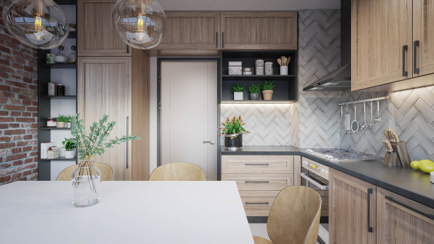 室内设计。体系结构。电脑生成的厨房图像。建筑可视化，3D渲染。图片下载