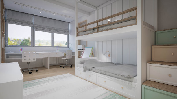 室内设计。体系结构。电脑生成的图像的双胞胎孩子双层床的房间。建筑可视化。图片下载
