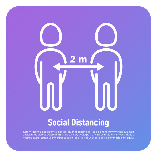 社交距离两米之间的人物细线图标。防止冠状病毒。矢量插图。图片下载