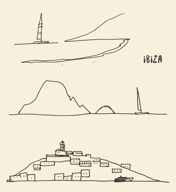 设置草图伊比沙风景矢量插图。图片下载