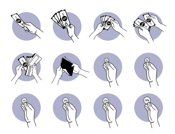 手里拿着纸币和硬币。图片下载