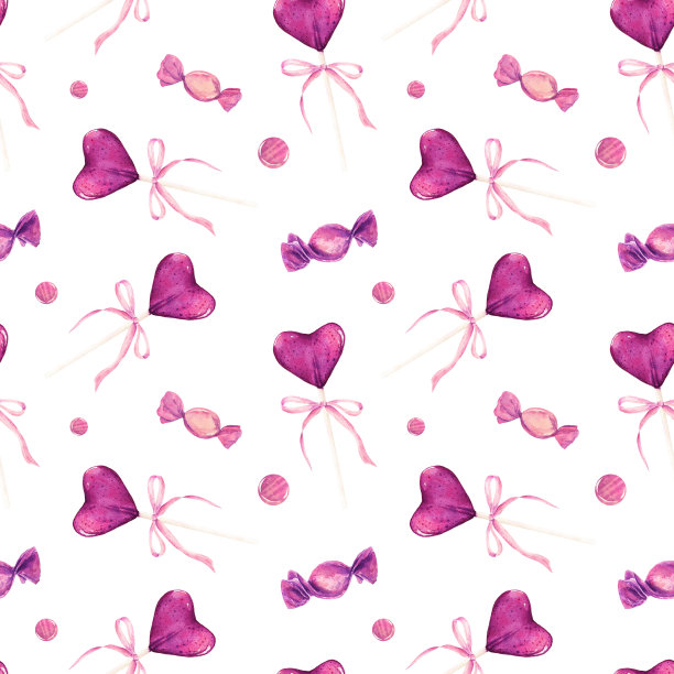 水彩无缝图案与糖果和棒棒糖孤立在白色背景。图片下载