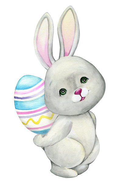 一只可爱的兔子正抱着一个复活节彩蛋。在卡通风格的孤立背景上的水彩画概念。图片下载