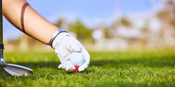 高尔夫球手在高尔夫球场上把高尔夫球放在球座上的手。图片下载
