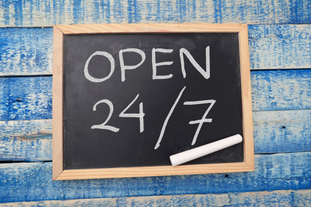 开放24/7，文字排版写在黑板上的木制背景，生活和商业励志励志图片下载