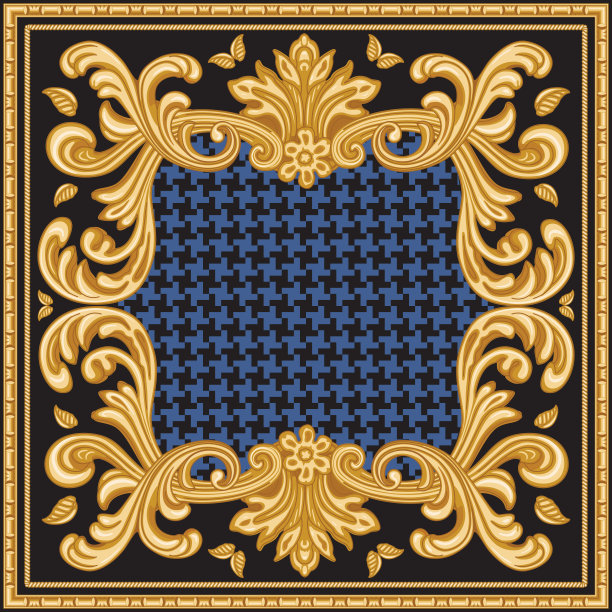黑色和蓝色的大手帕上印着鸡爪图案，金线，希腊珠饰，巴洛克卷轴。围巾，围巾，头巾，地毯，地毯，垫子。2个图案刷子在调色板图片下载