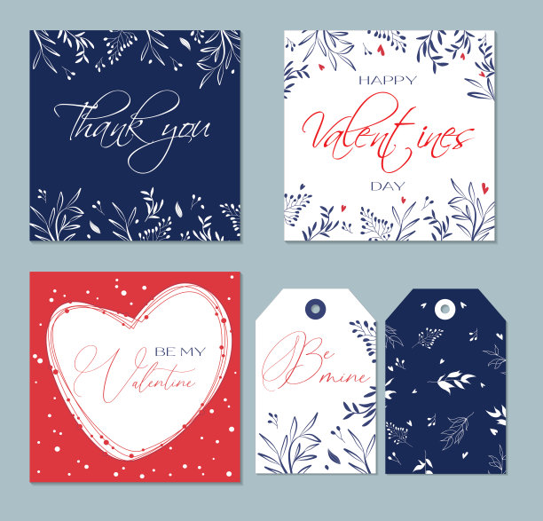 一套时髦抽象卡片和标签的情人节。用于广告传单、贺卡和社交媒体帖子。精致现代的设计。感谢卡。爱你。出售。花卉图案。向量图片下载