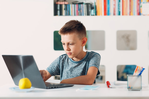 小男孩坐在桌子旁，拿着笔记本电脑，准备去上学。在线教育的概念。图片下载