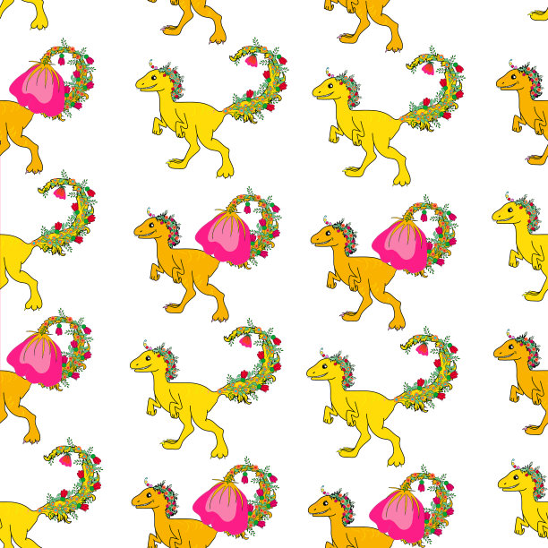 一组五颜六色的带花尾巴的可爱恐龙图片下载