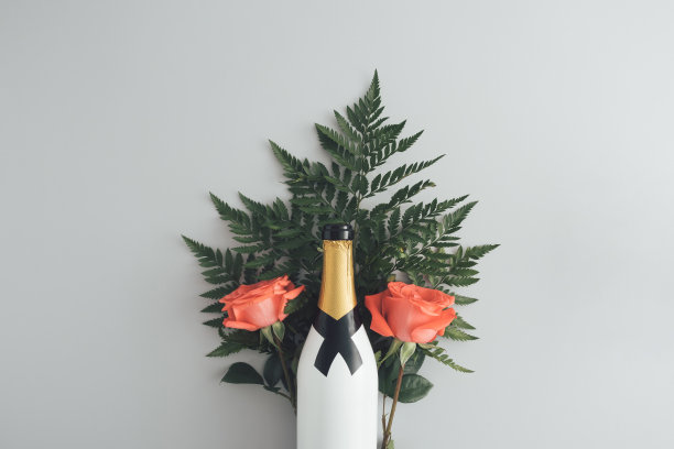 创意背景由一瓶香槟，玫瑰和一根绿色的树枝。爱的概念。平躺图片下载