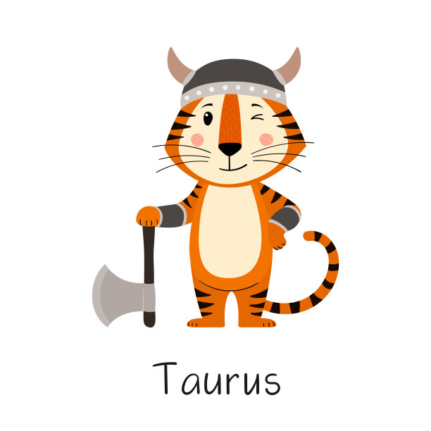 黄道十二宫的金牛座。穿着维京服装的可爱的老虎。根据中国历法，2022年是虎年。矢量股票平面手绘插图孤立在白色图片下载