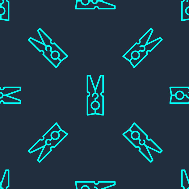 绿线旧木衣服别针图标孤立无缝模式在蓝色背景。衣服挂钩。向量图片下载