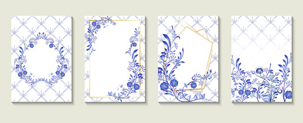 婚礼请柬套在俄罗斯装饰传统绘画艺术风格格哲尔。蓝花叶轮，民间民族图案精美。传单收集。图片下载