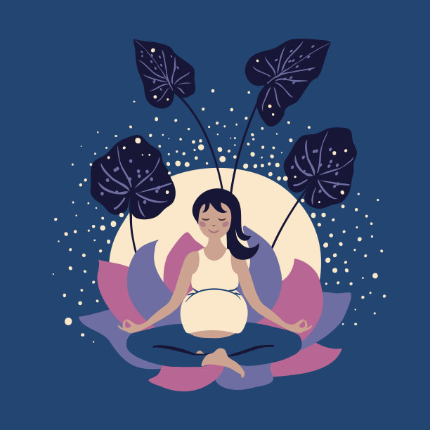 孕妇瑜伽。孕妇坐在荷花莲花的花瓣中。素材图片