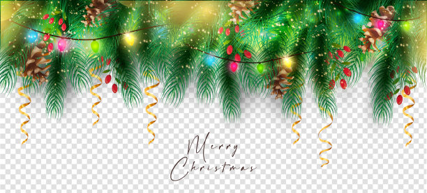 圣诞树枝，圣诞装饰品挂。冬季背景，杉木花环装饰，丝带，花环和球。非常适合做传单，海报，横幅。向量illustation图片下载