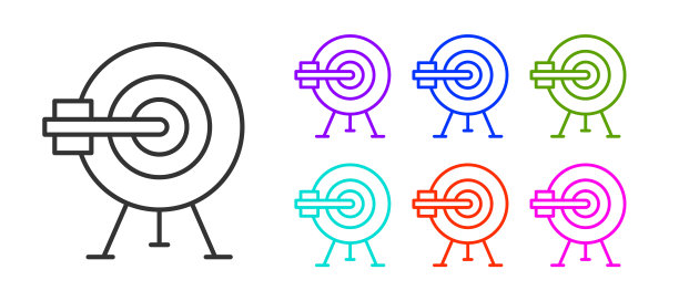 黑线目标与箭头图标隔离在白色背景上。飞镖靶信号。射箭板图标。圆靶信号。业务目标的概念。设置图标丰富多彩。向量图片下载