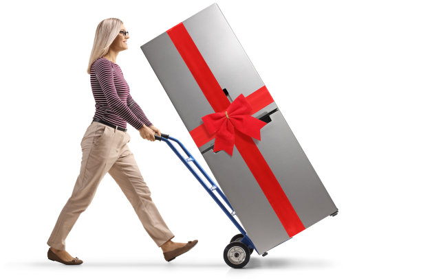 一名年轻女子在手推车上推着一个带红色蝴蝶结的冰箱图片下载