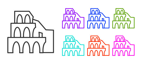 黑色线在罗马，意大利，图标孤立在白色的背景。罗马圆形大剧场的迹象。古罗马角斗士的象征。设置图标丰富多彩。向量图片下载