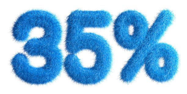 35%的皮毛，皮毛字体，3d字母。特价35%的折扣标签。3 d演示。图片下载