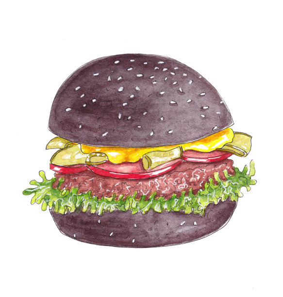 手绘水彩快餐。黑色的汉堡图片下载