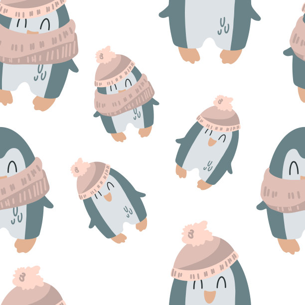 可爱的企鹅戴着帽子，围着围巾。卡通风格的儿童图案。矢量插图打印，纺织品，包装纸，墙纸。图片下载