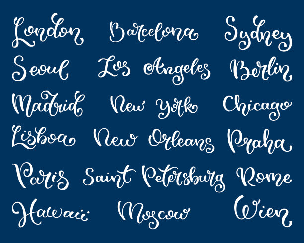 手写城市名称。伦敦、首尔、马德里、里斯本、巴黎、夏威夷、巴塞罗那、洛杉矶、纽约、新奥尔良、圣彼得堡、莫斯科、悉尼、柏林、芝加哥、布拉格、罗马、维也纳。图片下载