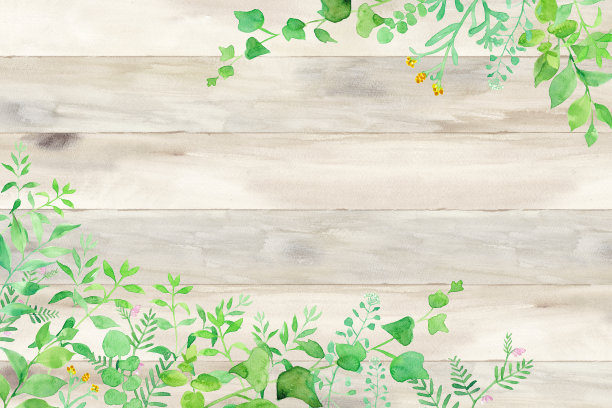 两角装饰框架的绿色花卉与木纹背景。水彩插图。图片下载