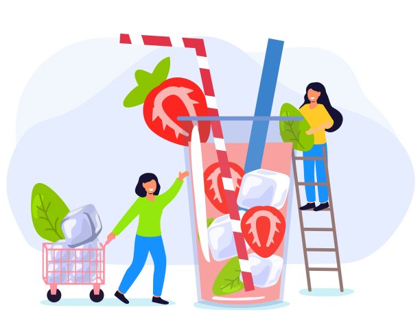 清凉饮料与冰草莓夏季矢量插图图片下载