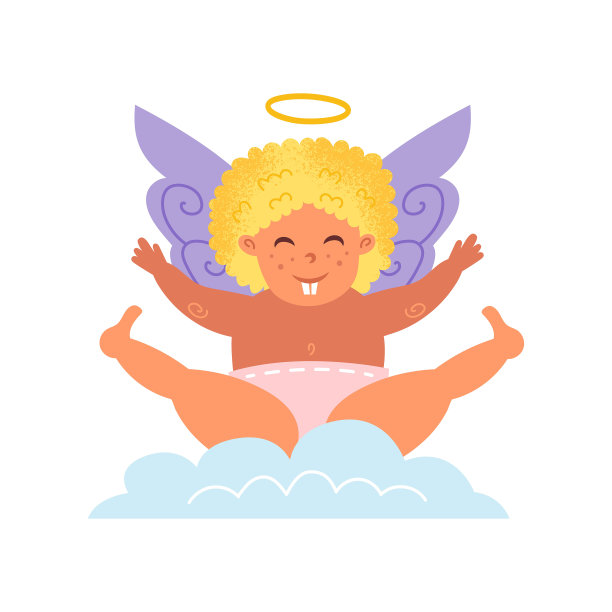 带着光环的金发丘比特坐在云端。天使,孩子,男孩。爱情、婚礼。情人节。平面向量插图。图片下载