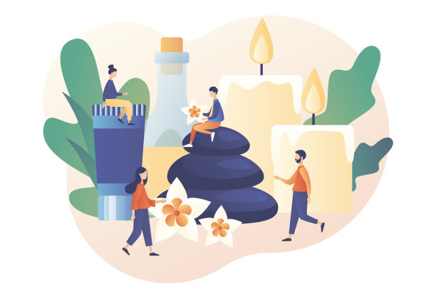 温泉疗法的概念。美容和身体护理。小人们用放松气氛的配件放松，蜡烛，香油，热石头。现代平面卡通风格。矢量图图片下载