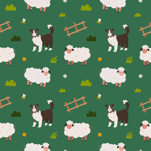 可爱的绵羊和边境牧羊犬在草地上散步，无缝的图案，可爱的卡通插图与家养的农场动物和牧羊犬图片下载