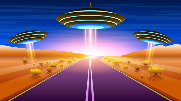 抽象剪纸日落背景与不明飞行物外星人Ufo山，云，路和植物向量风格图片下载