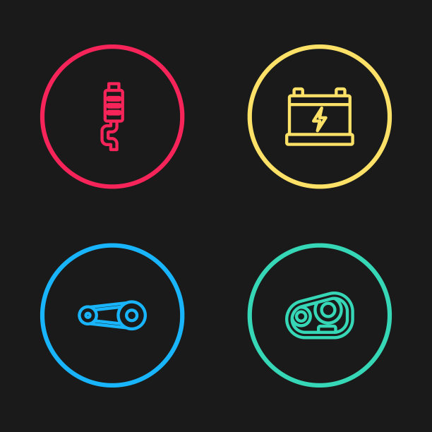 设置线同步带套件，汽车大灯，电池和消声器图标。向量图片下载