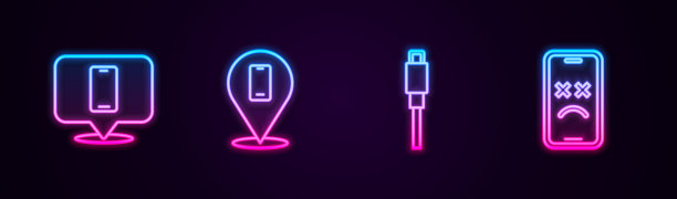 设置线路电话维修服务，USB线和死手机。发光的霓虹灯图标。向量图片下载