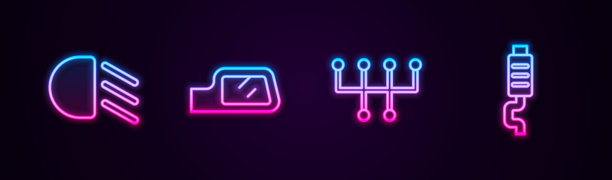 设置远光灯，汽车后视镜，变速杆和消声器。发光的霓虹灯图标。向量图片下载