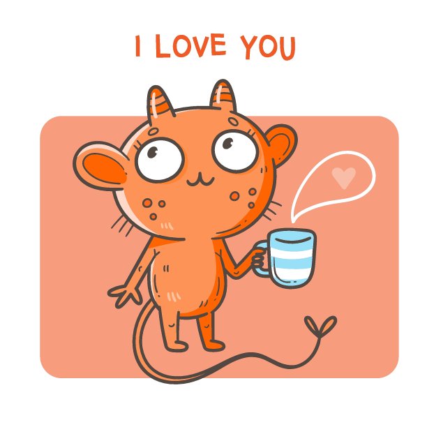 情人节贺卡与可爱的卡通小鬼。问候与涂鸦有趣的动物。线条艺术海报的儿童。向量假日插图。图片下载