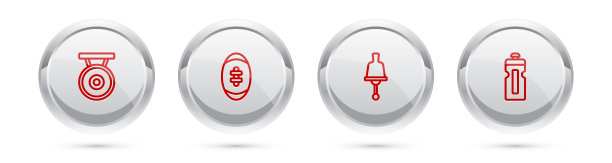 设线锣、美式足球、摇铃、健身摇铃。银圈按钮。向量图片下载