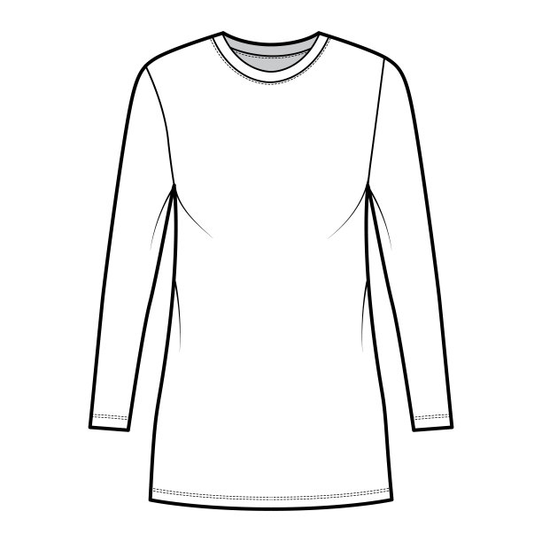 t恤连衣裙技术时尚插图，圆领，长袖，迷你裙长，超大，铅笔丰满。平图片下载