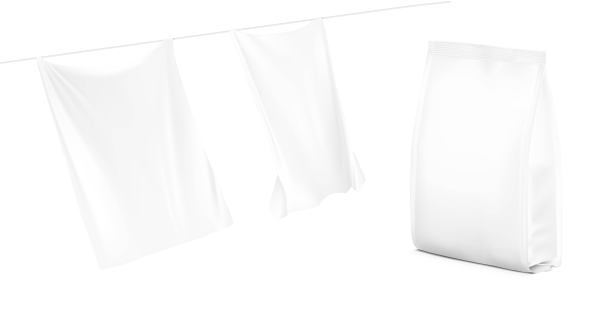 四密封包装模型与衣服在风在绳子上。图片下载