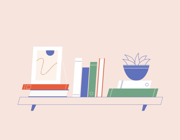 有书、盆栽和室内物品的壁柜。矢量图图片下载