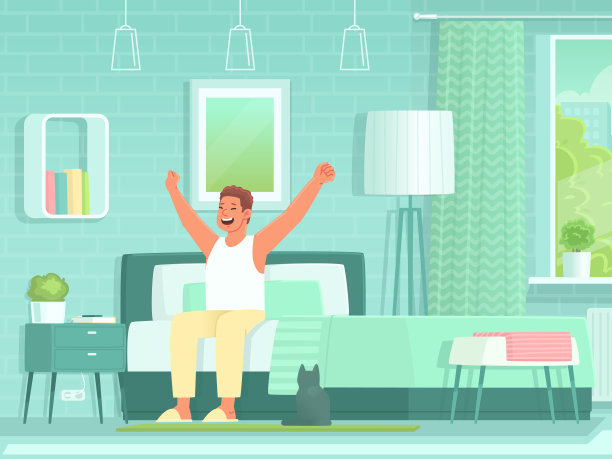 快乐的人早上醒来，坐在卧室的床上伸懒腰。从睡梦中醒来图片下载