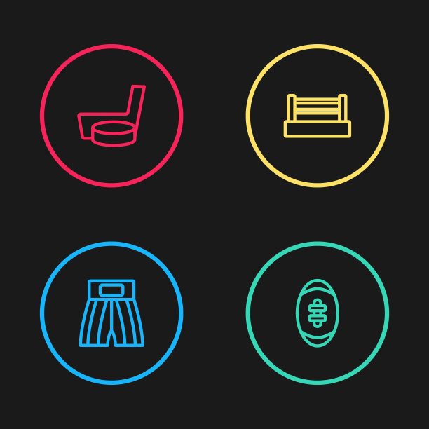 定线拳击短，橄榄球，环和冰球棍和冰球图标。向量图片下载