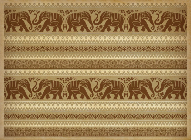 装饰大象、花卉和镶边。东南亚，非洲风格。图案在古老的羊皮纸背景。图片下载