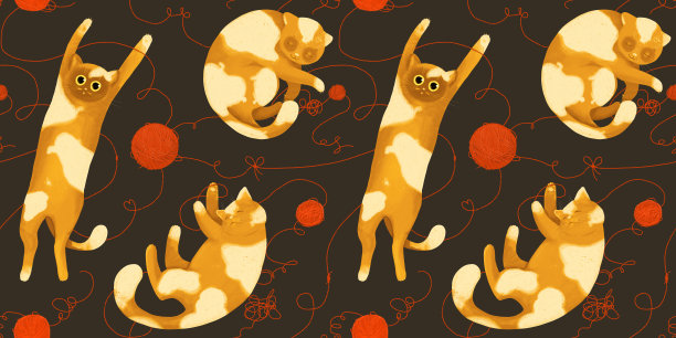 无缝图案与有趣的猫与纱线球。图片下载