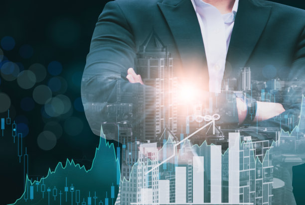 双敞口:商人手臂交叉，成长型成功，股票图形和图表背景，概念成长型发展企业投资，股票市场，战略制定市场计划，股票市场波动图片下载