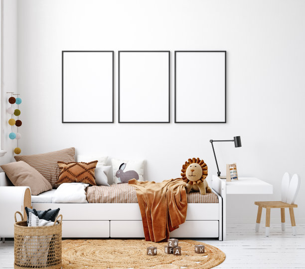 模拟框架在白色舒适的儿童房室内背景，斯堪的纳维亚风格图片下载